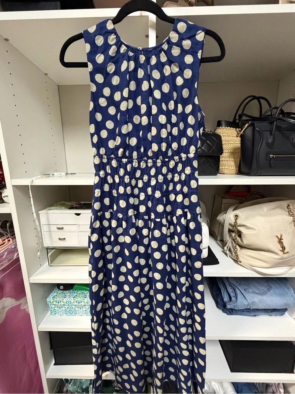 J. Crew Navy and White Polka Dot Sleeveless Midi Dress
